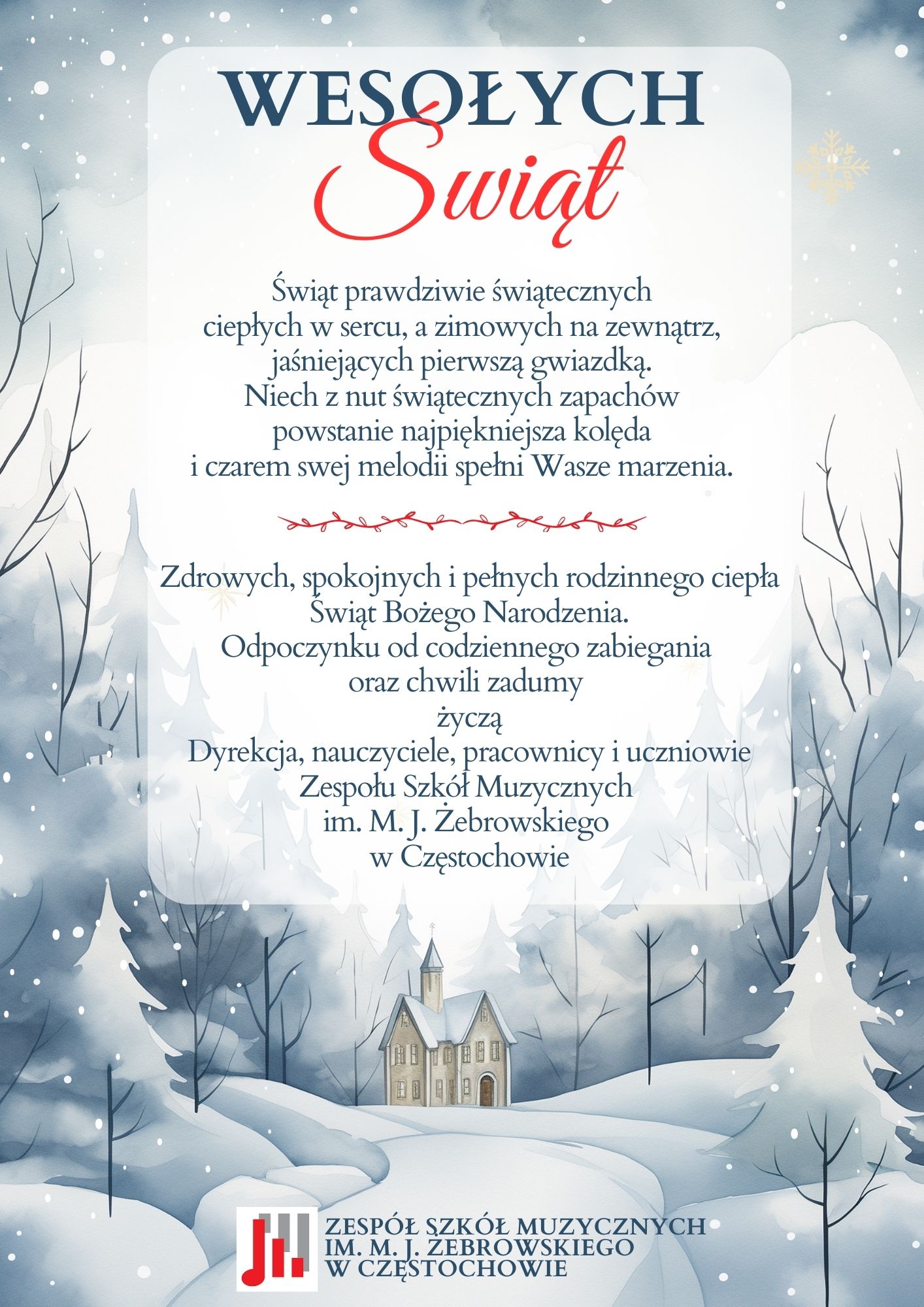 W tle namalowany pejzaż zimowy, na środku napisane życzenia świąteczne.
