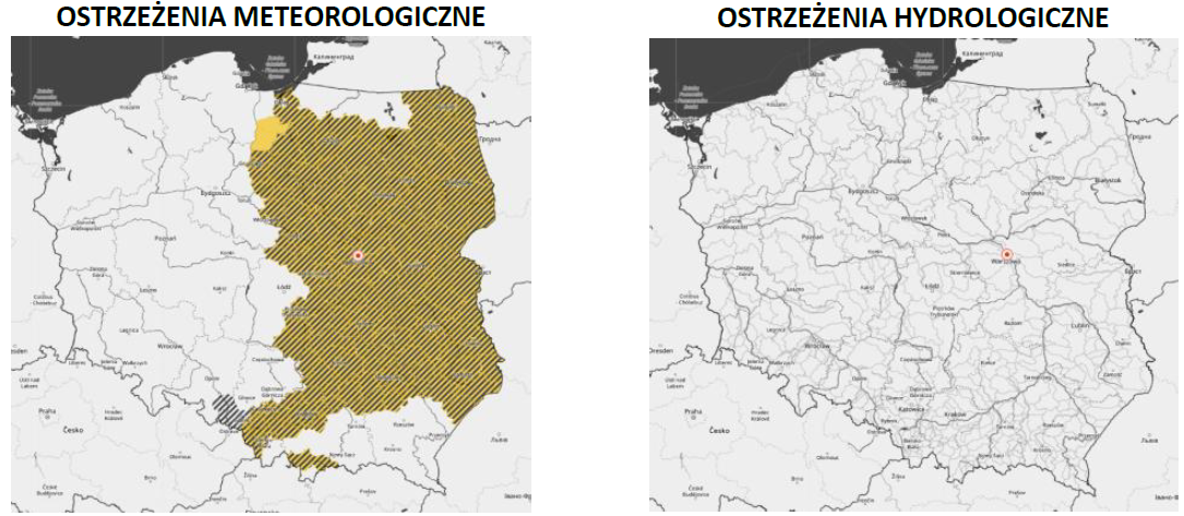 Ostrzeżenia meteorologiczne i hydrologiczne z podziałem na województwa - 19 grudnia 2025. Kolor czerwony dla ostrzeżeń 3 stopnia, pomarańczowy dla 2 stopnia, żółty dla 1 stopnia, szary dla suszy, biały brak ostrzeżeń. 