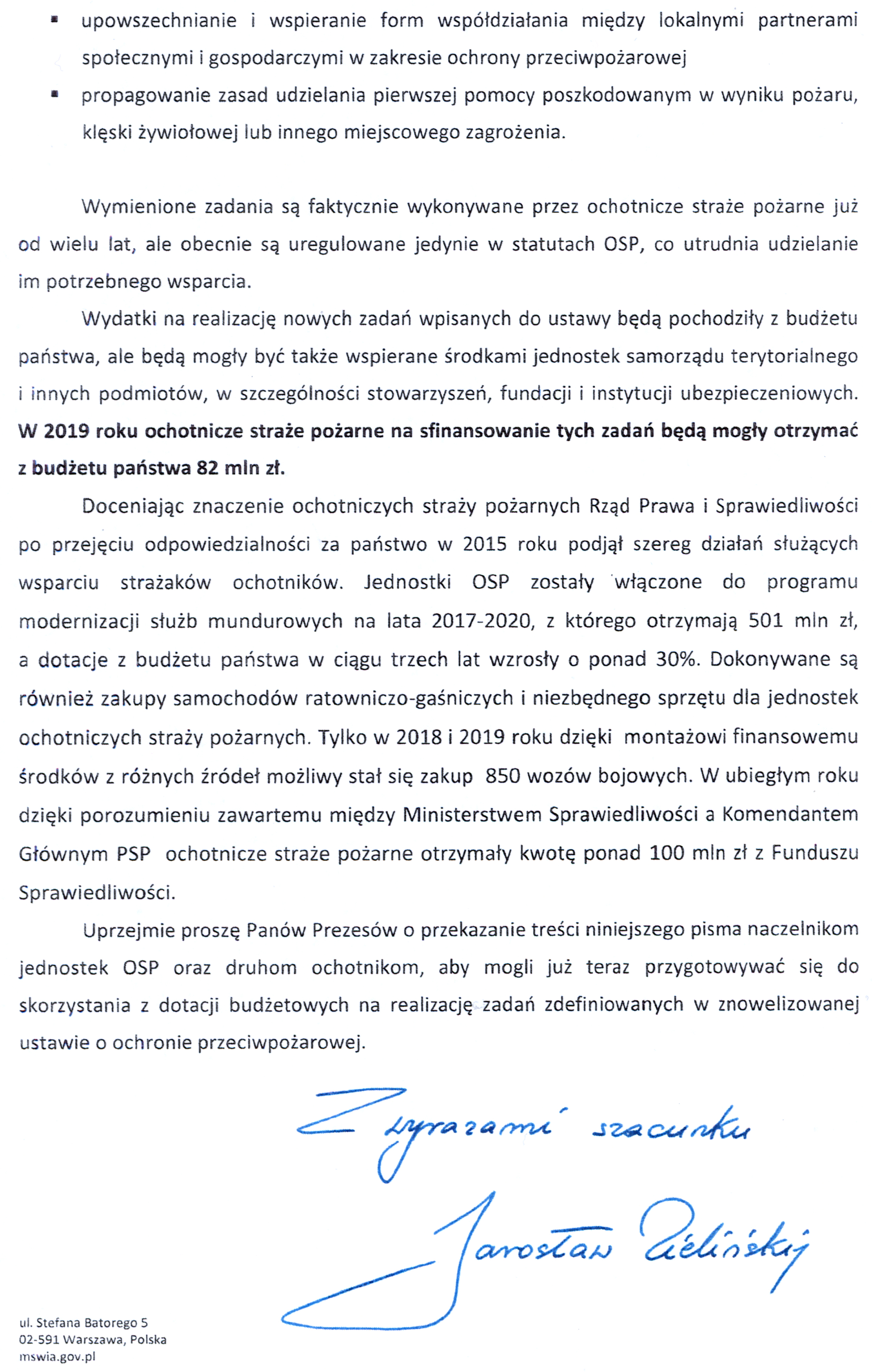 List Sekretarza Stanu MSWiA Jarosława Zielińśkiego do druhen i druhów ochotniczych straży pożarnych w sprawie dodatkowych środków finansowych na działalność OSP