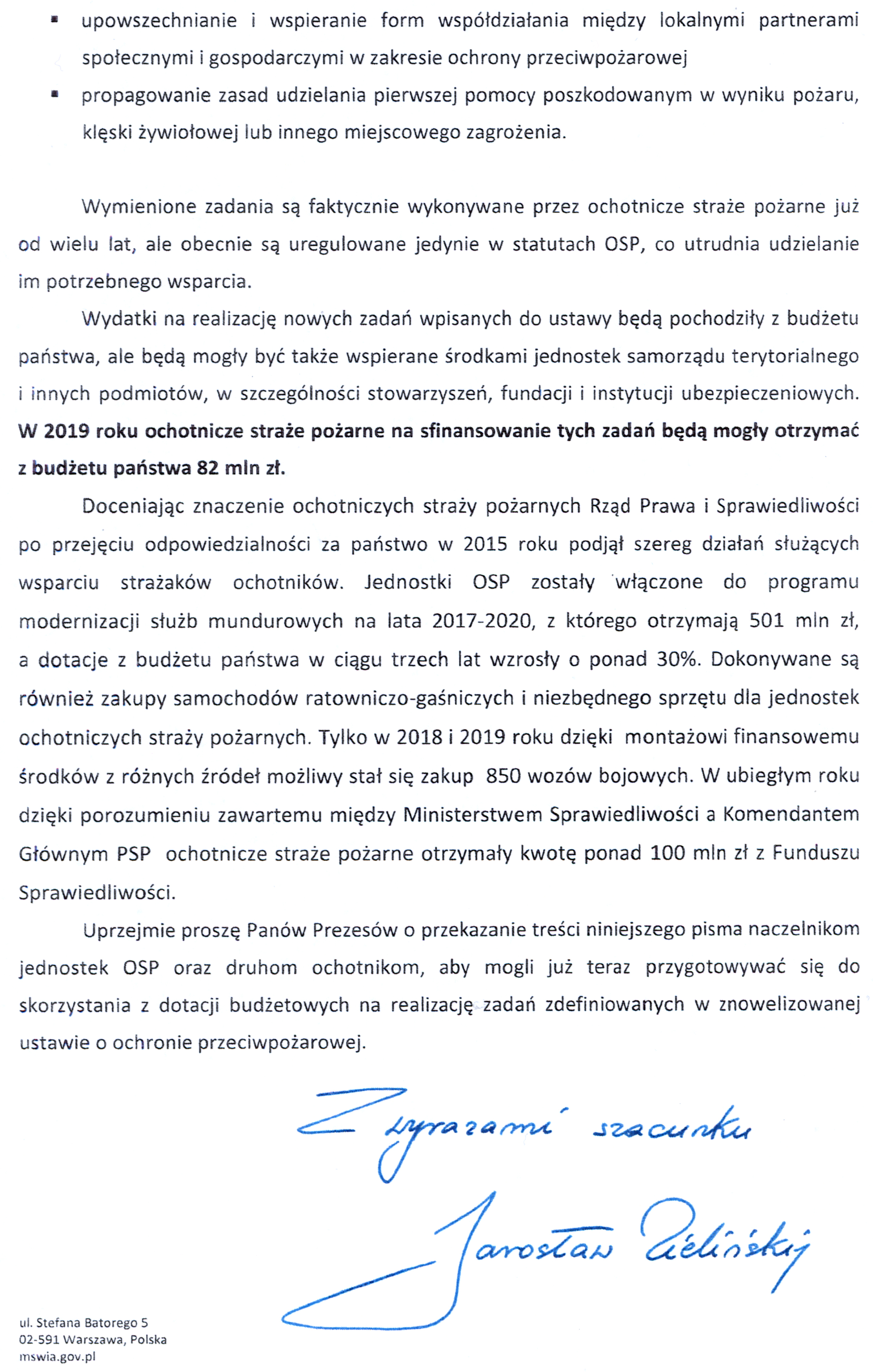List Sekretarza Stanu MSWiA Jarosława Zielińśkiego do druhen i druhów ochotniczych straży pożarnych w sprawie dodatkowych środków finansowych na działalność OSP