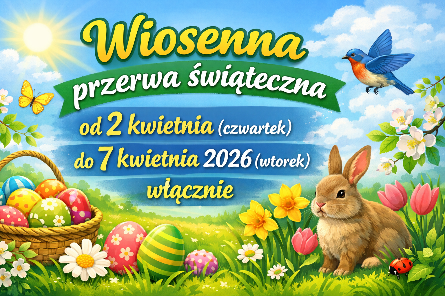  tle kolorowe jaka i kurczaki oraz napis Wiosenna przerwa świąteczna
od 2 kwietnia (czwartek)
do 7 kwietnia 2026 (wtorek)