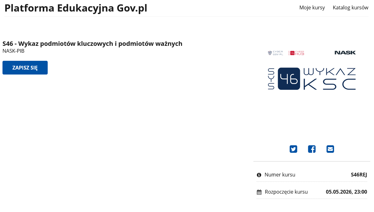 Strona główna kursu "S46 - Wykaz podmiotów kluczowych i podmiotów ważnych"