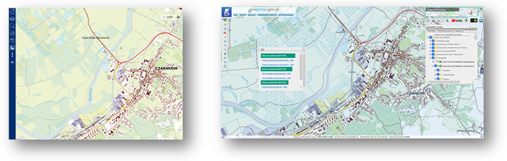 Ilustracja przedstawia zaktualizowany zbiór danych BDOT10k dla fragmentu powiatu czarnkowsko-trzcianeckiego w Portalu BDOT10k oraz w usłudze Baza Danych Obiektów Topograficznych.