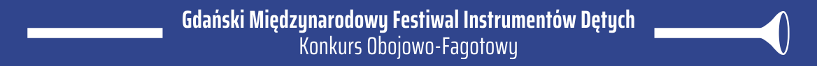 Na niebieskim tle biały napis Gdańskie Międzynarodowe Warsztaty Instrumentów Dętych