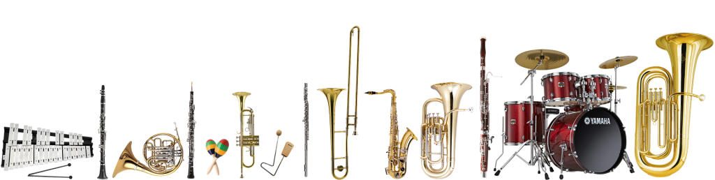 Grafika przedstawiająca szereg instrumentów muzycznych z sekcji instrumentów dętych blaszanych, drewnianych oraz perkusyjnych