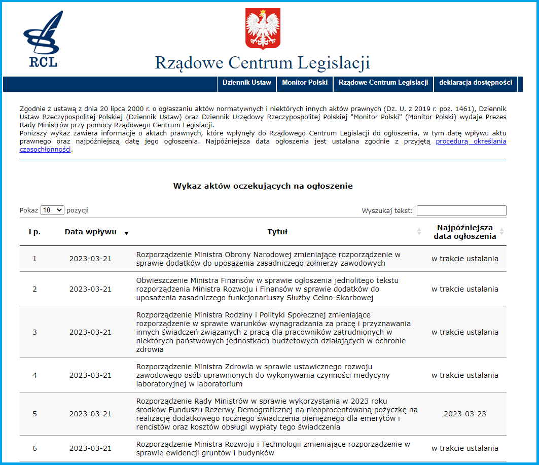 Zrzut ekranu ze strony Rządowego centrum Legislacji, na której publikowany jest wykaz aktów oczekujących na ogłoszenie
