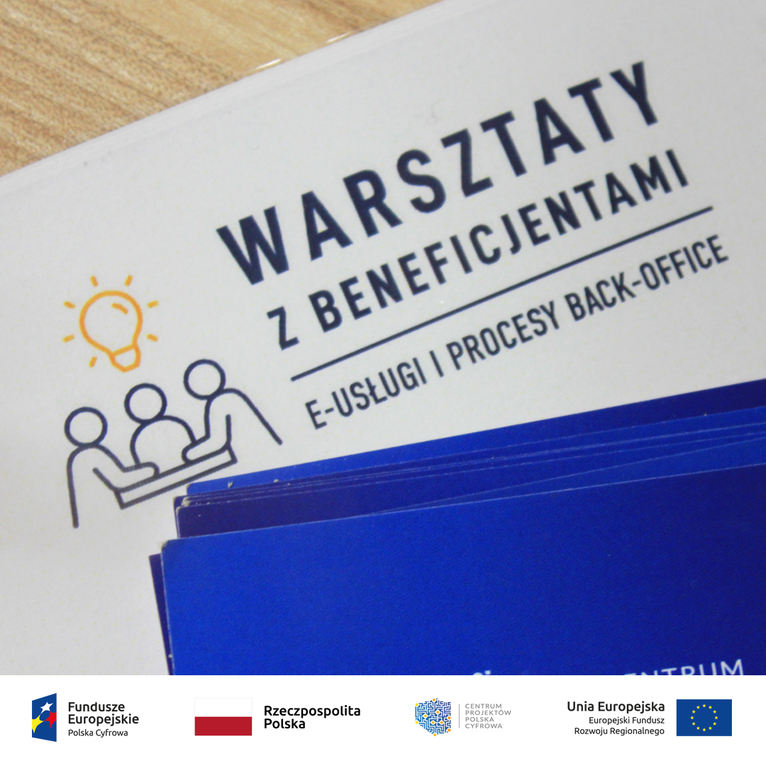 Logo warsztatów z napisem „Warsztaty z Beneficjentami e-usługi i procesy back office