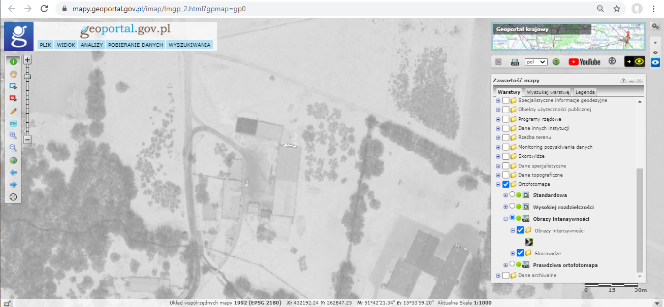 Ilustracja przedstawia obrazy intensywności w postaci usługi przeglądania WMS.