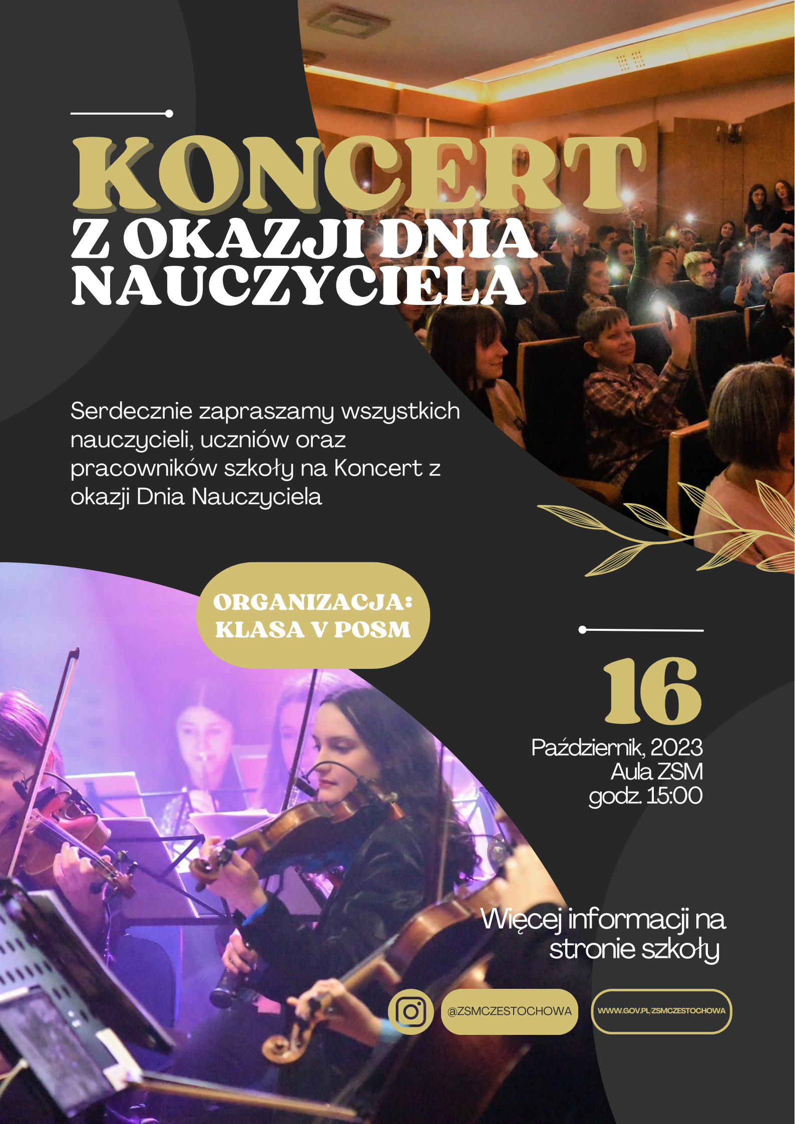 Na brązowym tle zdjęcia auli szkoły wypełnionej uczniami i orkiestrą uczniowską, umieszczono informacje o koncercie z okazji Dnia Nauczyciela.