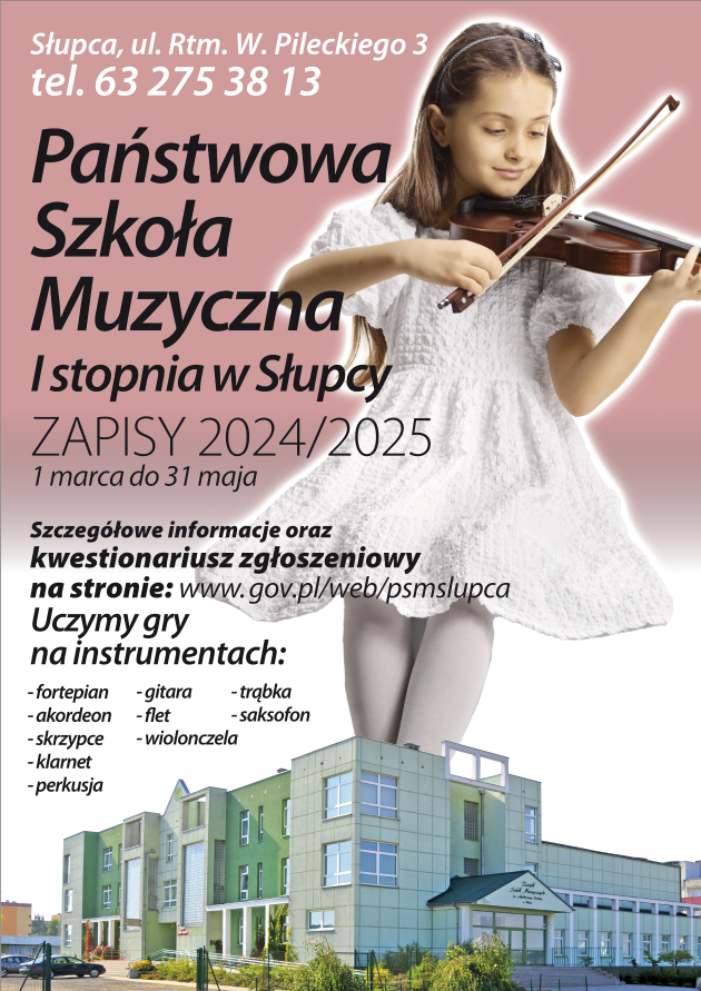 informacje o rekrutacji do szkoły, w tle na dole zdjęcie budynku szkoły a powyżej dziewczynki ze skrzypcami