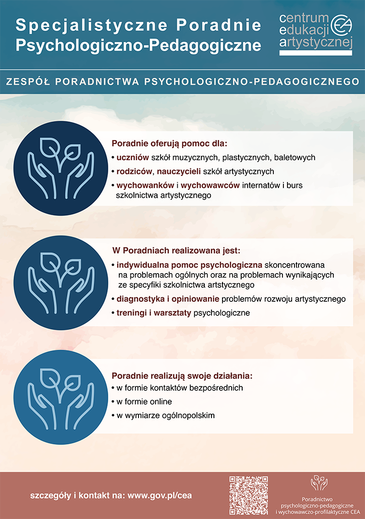 Plakat reklamowy - Specjalistyczne Poradnie Psychologiczno-Pedagogiczne CEA - z opisem działalności i kodem QR do strony poradnictwa