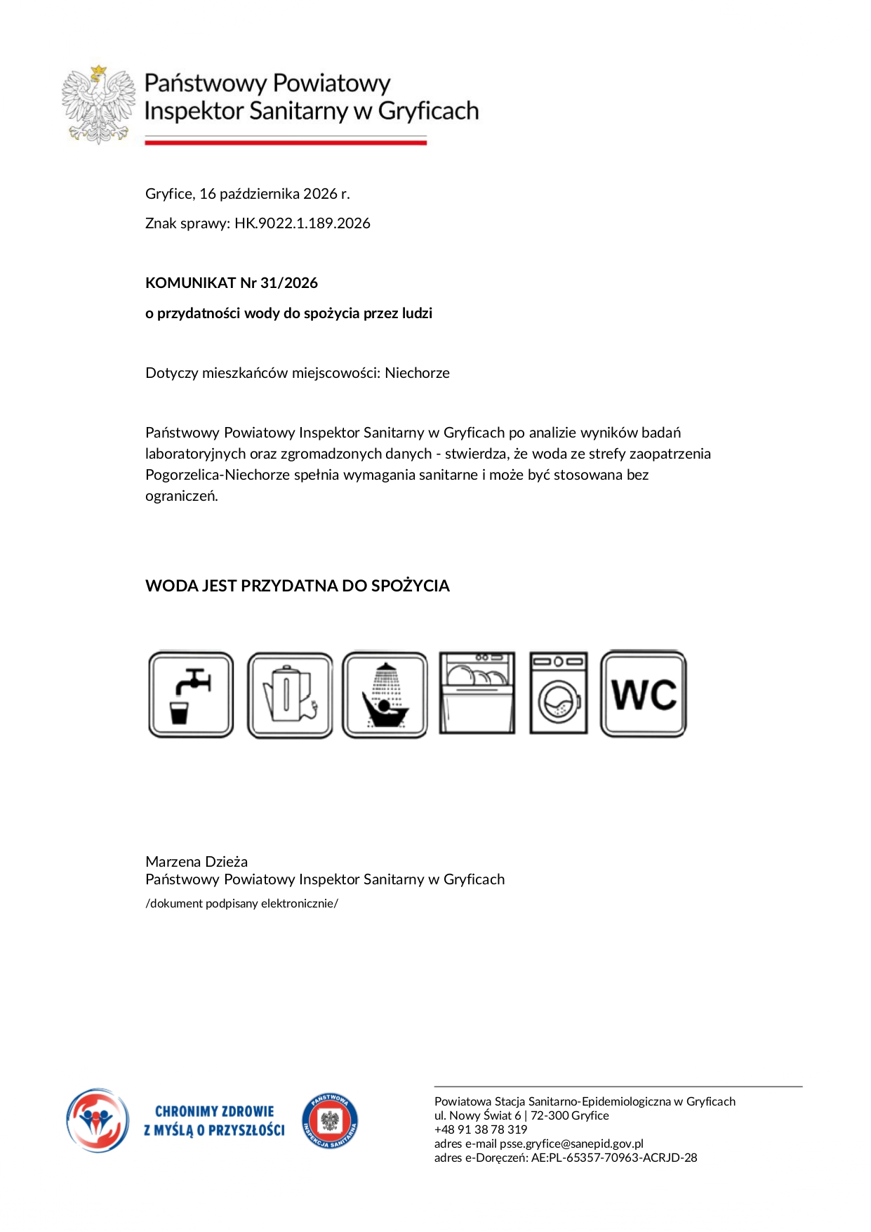 Komunikat nr 30/2026 Państwowego Powiatowego Inspektora Sanitarnego w Gryficach dotyczący miejscowości Pogorzelica. Woda ze strefy zaopatrzenia Polfa Pogorzelica spełnia wymagania sanitarne i jest przydatna do spożycia bez ograniczeń.