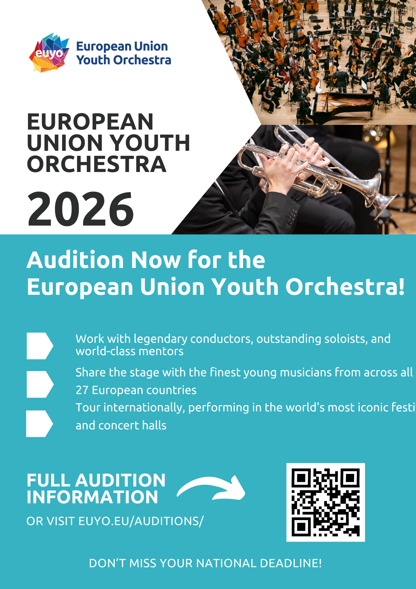 Plakat w języku angielskim. Kod QR umieszczony w prawym, dolnym rogu. Białe litery na niebieskim tle.