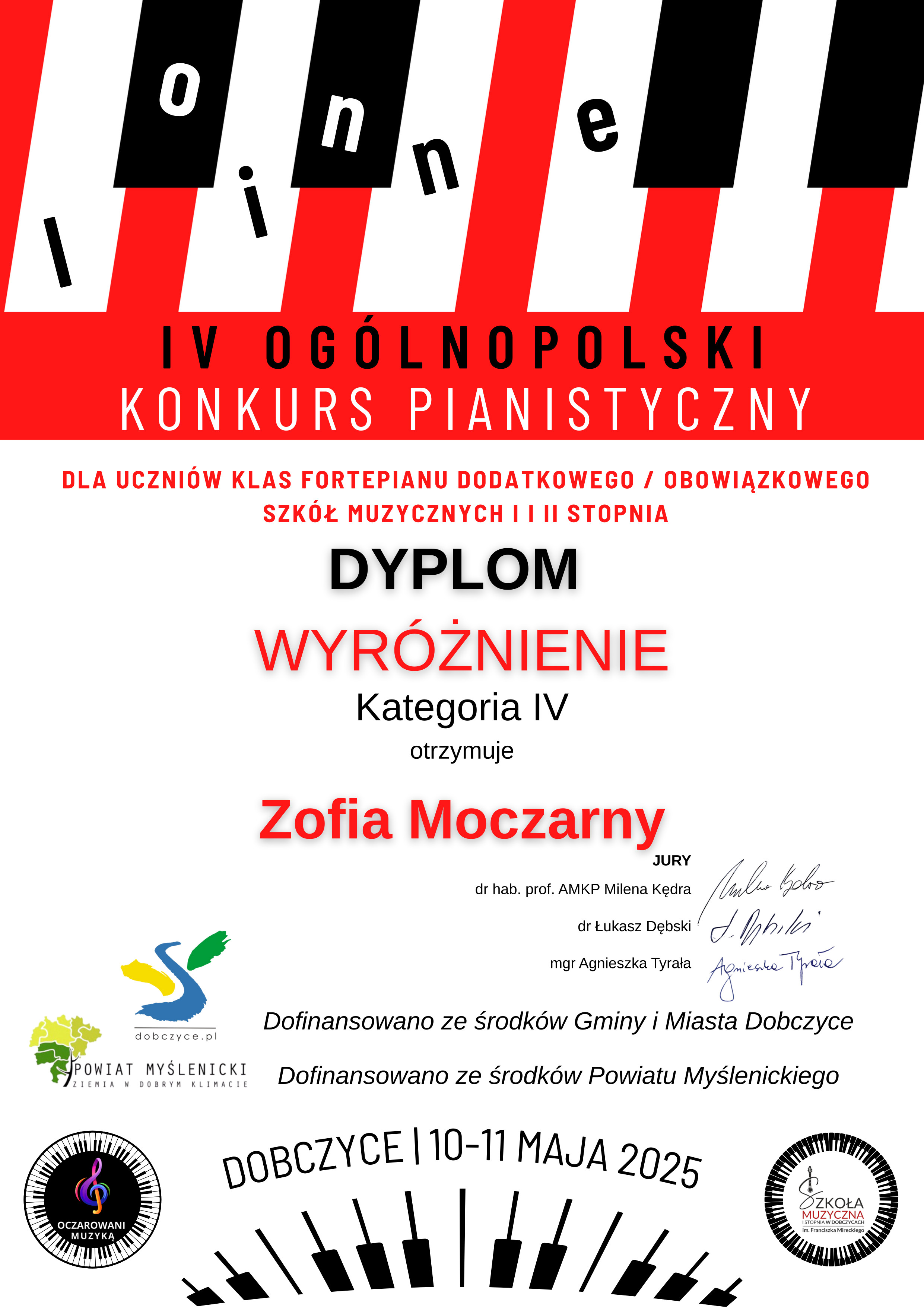 Dyplom Zofia Moczarny Dobczyce 10-11 maja 2025. Czerwono czarne litery na białym tle