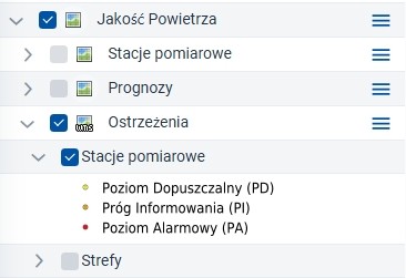 zrzut ekranu z serwisu www.geoportal.gov.pl prezentujący warstwę jakość powietrza - ostrzeżenia dotyczące jakości powietrza – ze stacji pomiarowych na podstawie danych GIOŚ