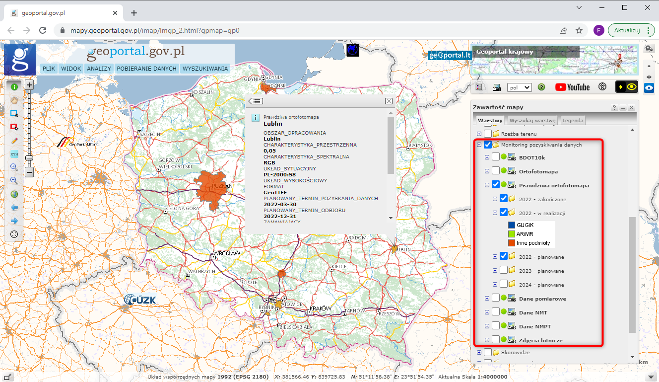 Ilustracja przedstawia grupę warstw "Monitoring pozyskiwania danych" w serwisie www.geoportal.gov.pl