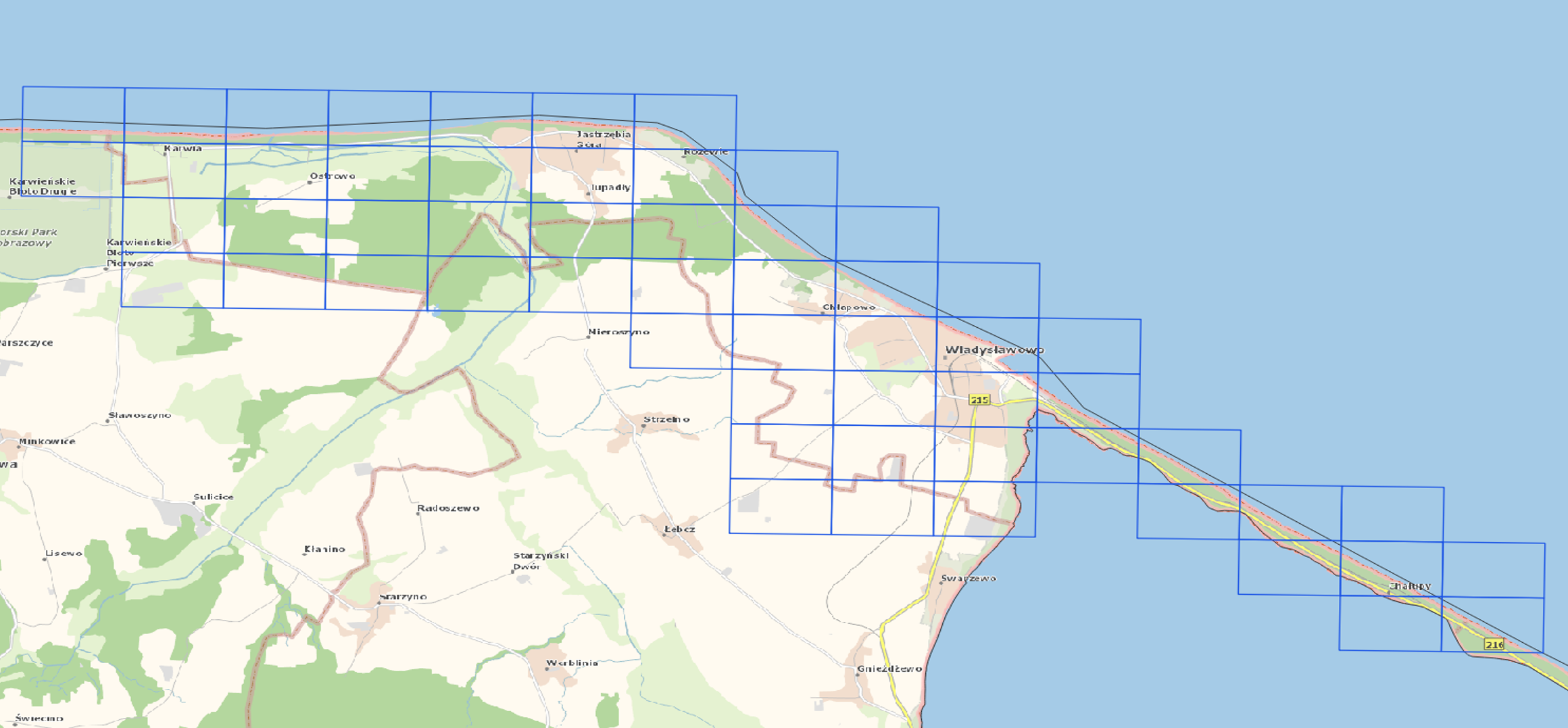 Ilustracja przedstawia zrzut ekranu ze skorowidzami prezentującymi zakres nowo przyjętej ortofotomapy dla miasta Władysławowo 