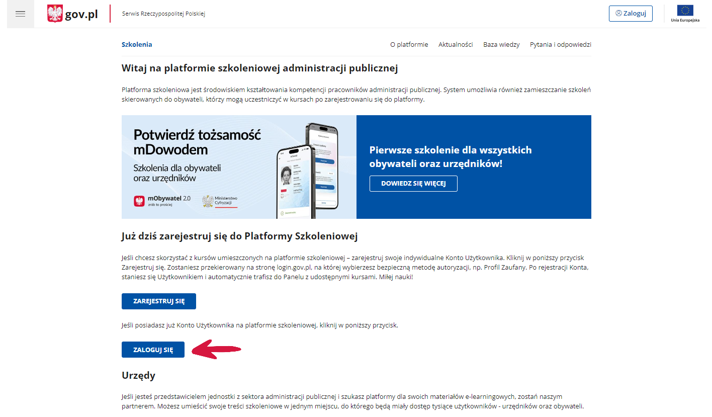 Strona logowania do platformy szkoleniowej administracji publicznej – szkolenia.gov.pl.