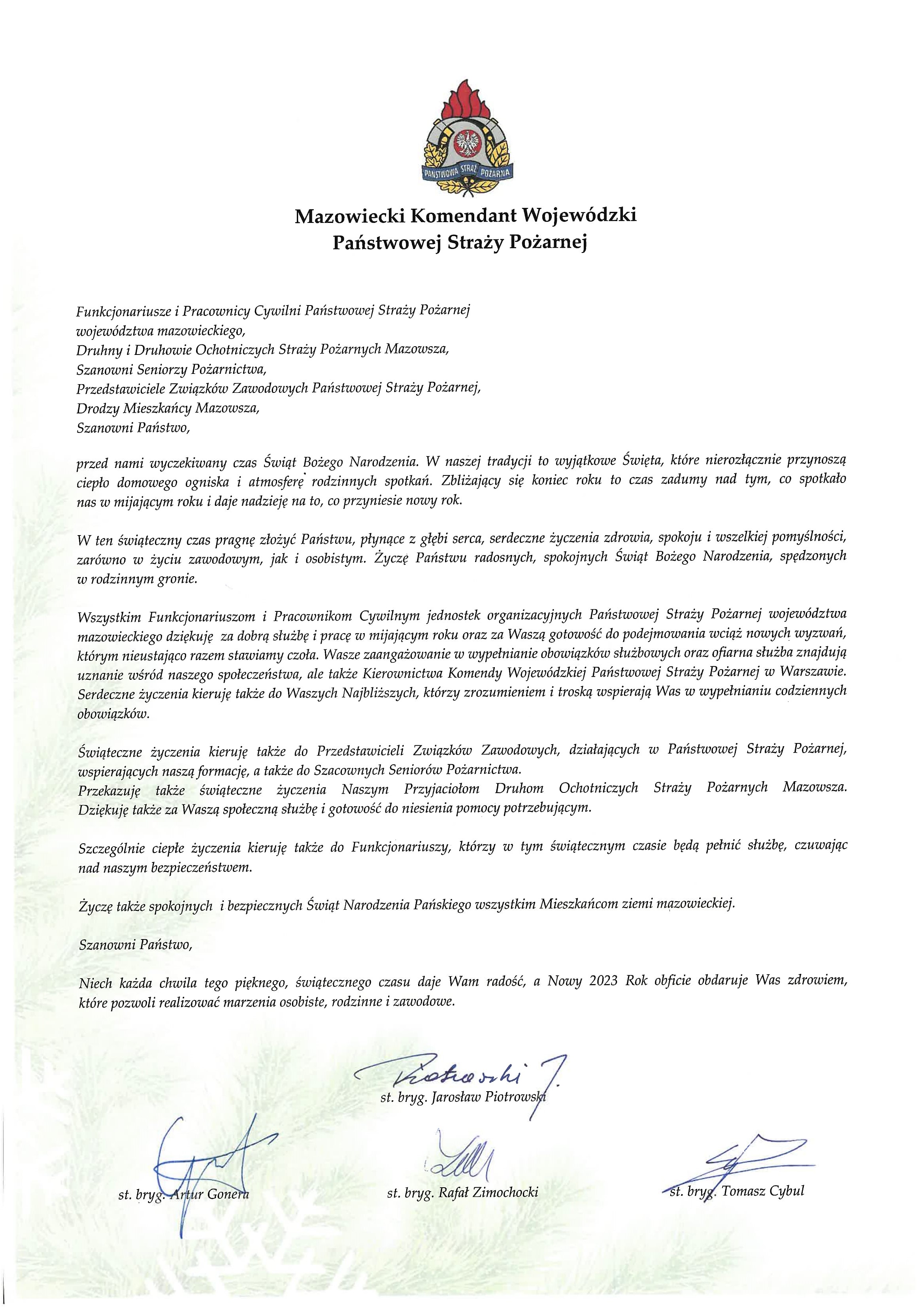Życzenia Bożonarodzeniowe Mazowieckiego Komendanta Wojewódzkiego PSP