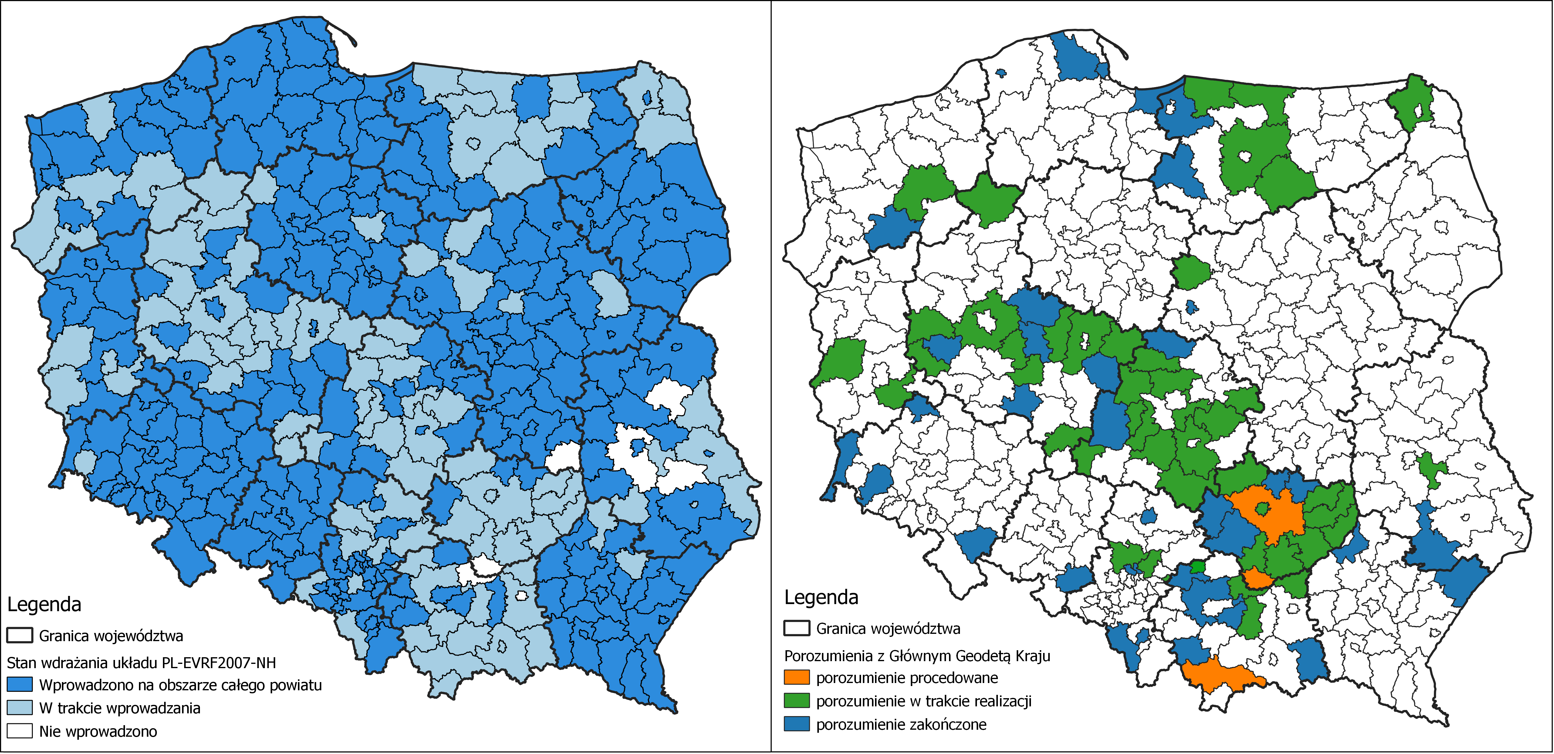 Ilustracja przedstawia zetawione obok siebie 2 mapy Polski z oznaczonym kolorystycznie: stanem wdrożenia układu PL-EVRF2007-NH w powiatach po lewej stronie i powiatami, z którymi zawarte zostało porozumienie po prawej stronie.