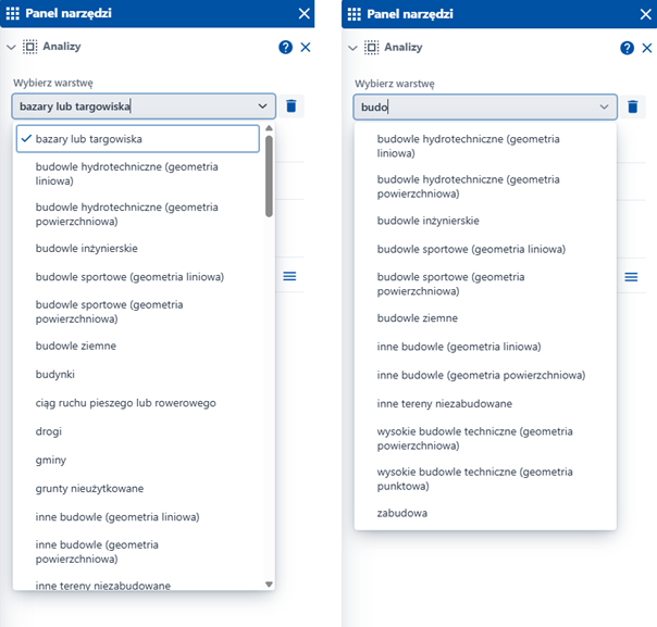 Ilustracja przedstawia dwa warianty wyboru warstwy w narzędziu Analizy BDOT10k: po lewej stronie - wariant wyboru warstwy z pełnej listy rozwijalnej, po prawej stronie - wariant wyboru warstwy z listy zawężonej przez użytkownika.