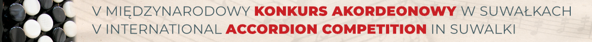 Po lewej stronie fragment akordeonu. Po prawej na tle nut napisy: V Międzynarodowy Konkurs Akordeonowy w Suwałkach, V International Accordion Competition in Suwalki
