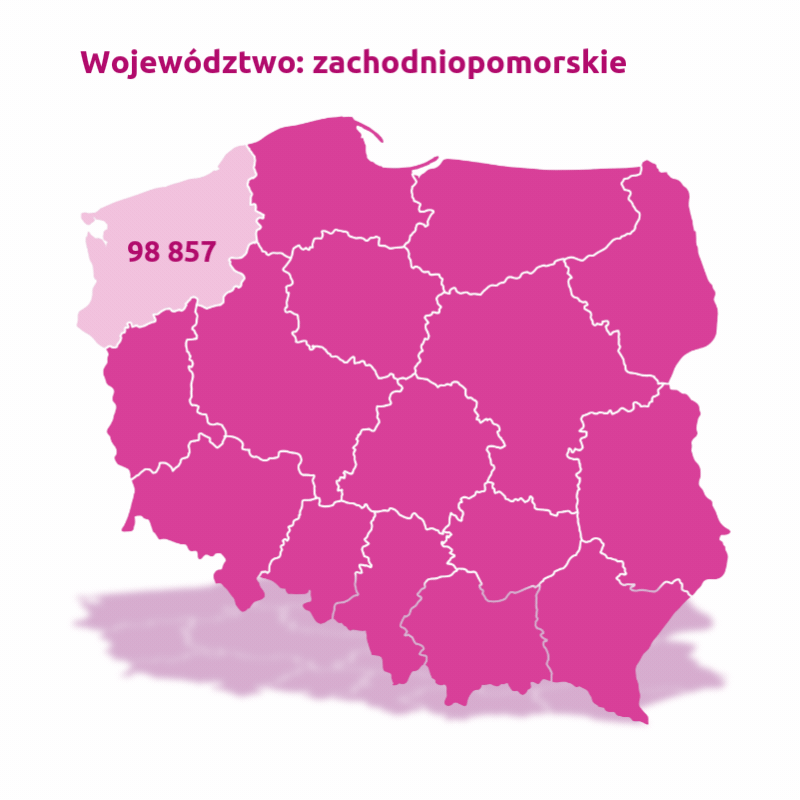 Mapa Polski przedstawiająca liczbę gospodarstw domowych objętych zasięgiem szybkiego internetu w ramach Działania 1.1. POPC w podziale na województwa: dolnośląskie – 150 937, kujawsko-pomorskie – 93 180, lubelskie – 233 723, lubuskie – 72 484, łódzkie – 183 408, małopolskie – 135 723, mazowieckie – 329 149, opolskie – 51 721, podkarpackie – 195 974, podlaskie – 67 493, pomorskie – 57 776, śląskie – 123 371, świętokrzyskie – 152 751, warmińsko-mazurskie – 78 939, wielkopolskie – 203 038, zachodniopomorskie – 90 857.