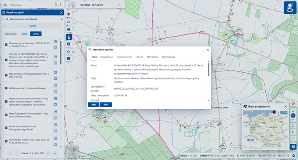 Ilustracja przedstawia widok modułu tematycznego Geodezja i Kartografia i przykładowy wynik wyszukiwania metadanych