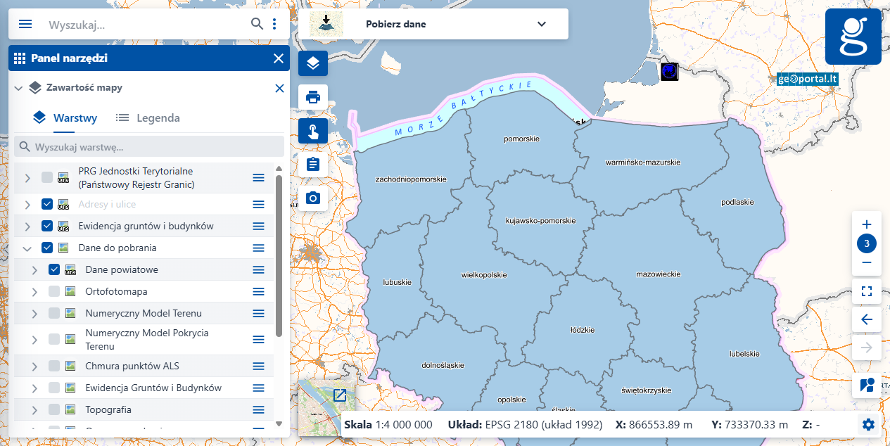 Ilustracja przedstawia widok modułu "Pobierz dane" z aktywną jedną z usług.