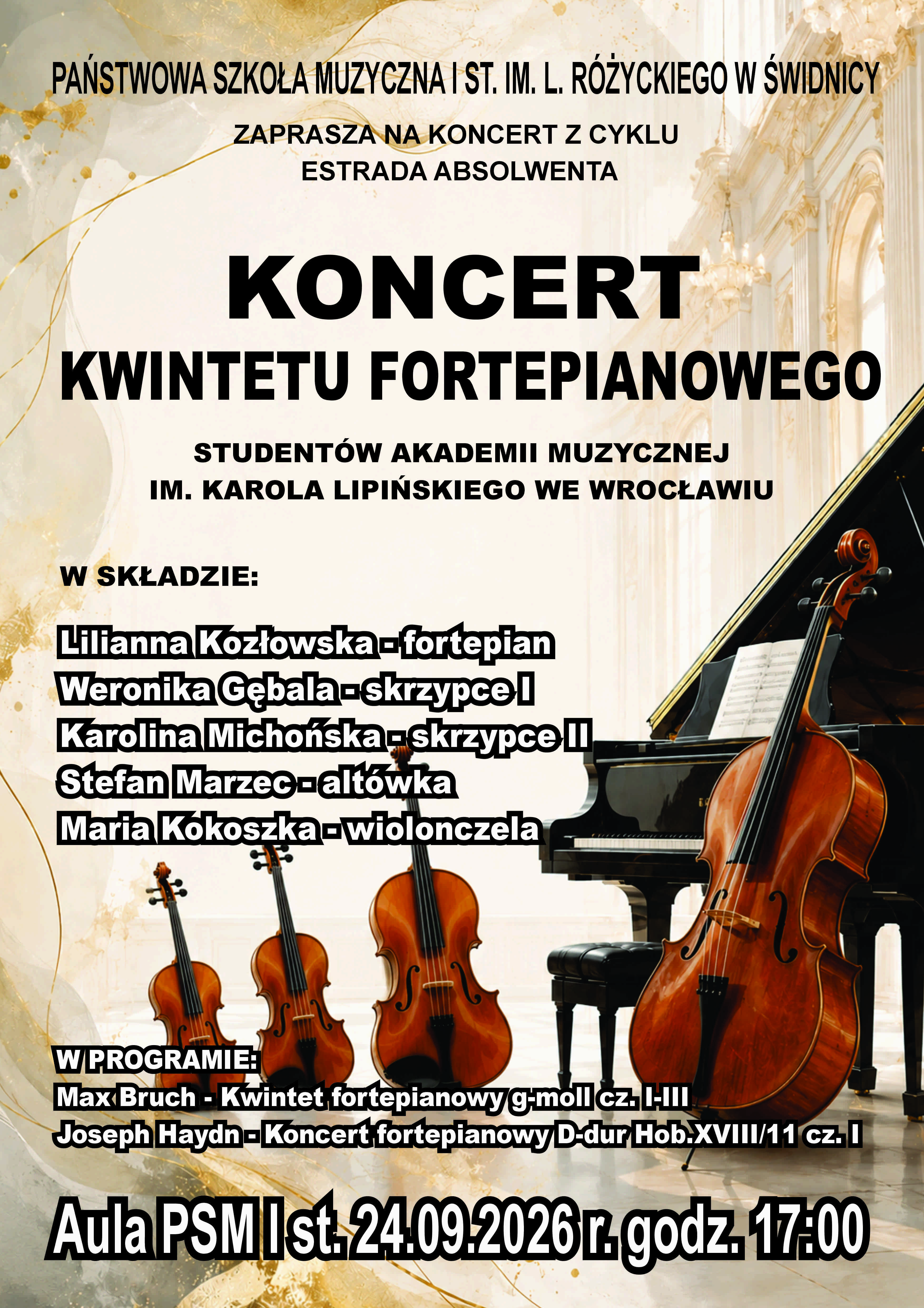 Plakat przedstawia beżowe tło w kszałcie firanek . Po środku znajdują się instrumenty : fortepian, skrzypce , wiolonczela. Na tym tle napisy białą pogubioną czcionką informujące o koncercie.