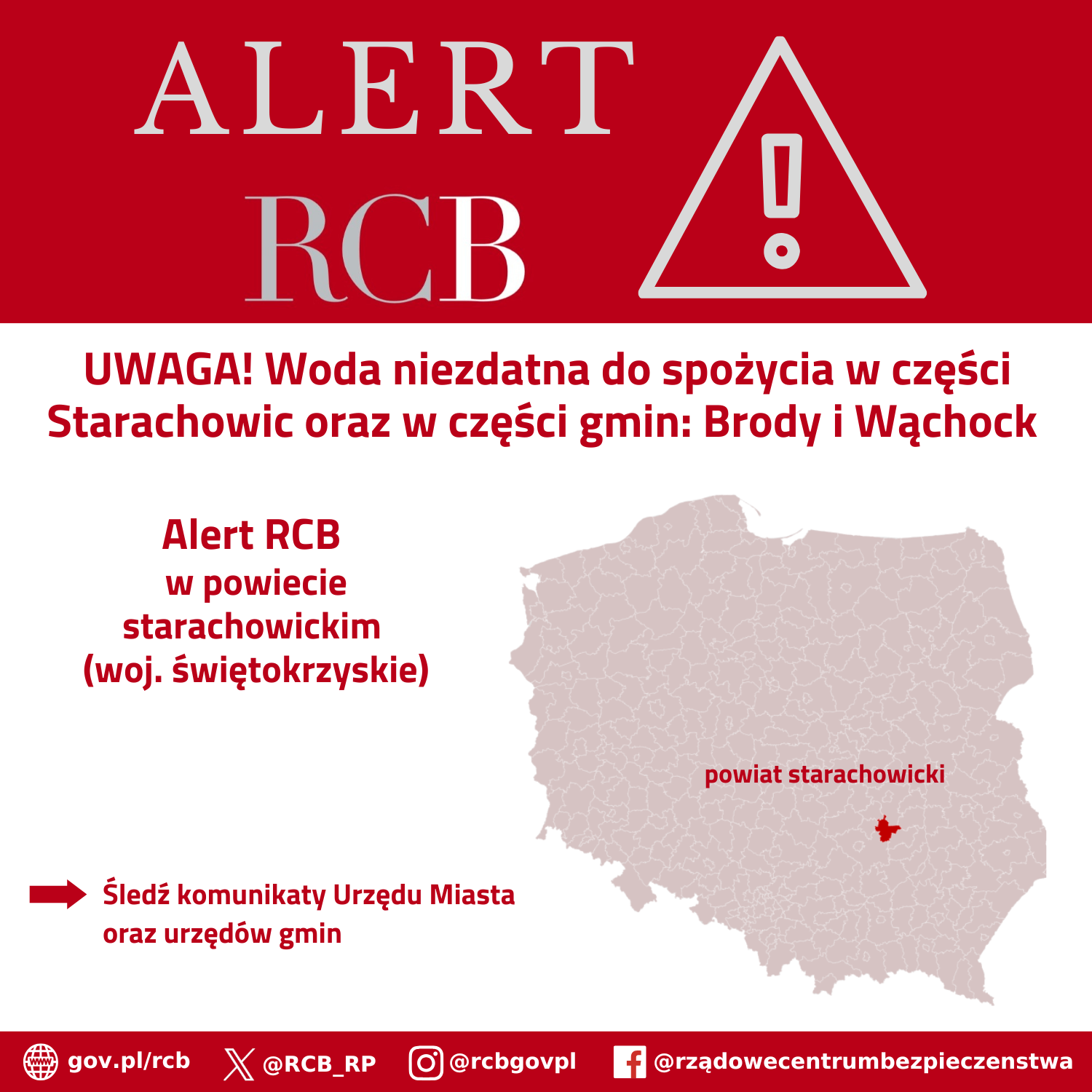 Alert RCB - woda niezdatna do spożycia w części powiatu starachowickiego.