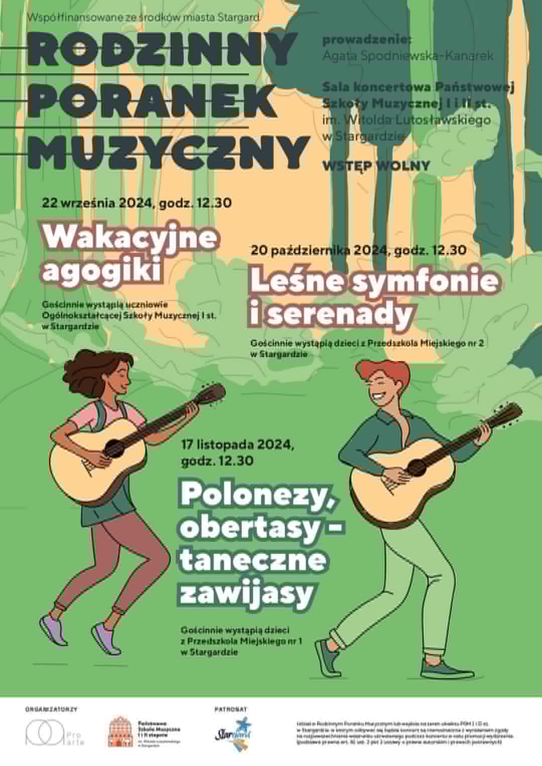 Plakat informujący o Rodzinnych Porankach Muzycznych - Wakacyjne agogiki w dniu 22 września, Leśne symfonie i serenady - 20 października oraz Polonezy, obertasy - muzyczne wywijasy 17 listopada 2024 roku o godzinie 12.30. Na plakacie, który ma zielone tło, znajduje się grafika dziewczyny i chłopaka grających na gitarze.