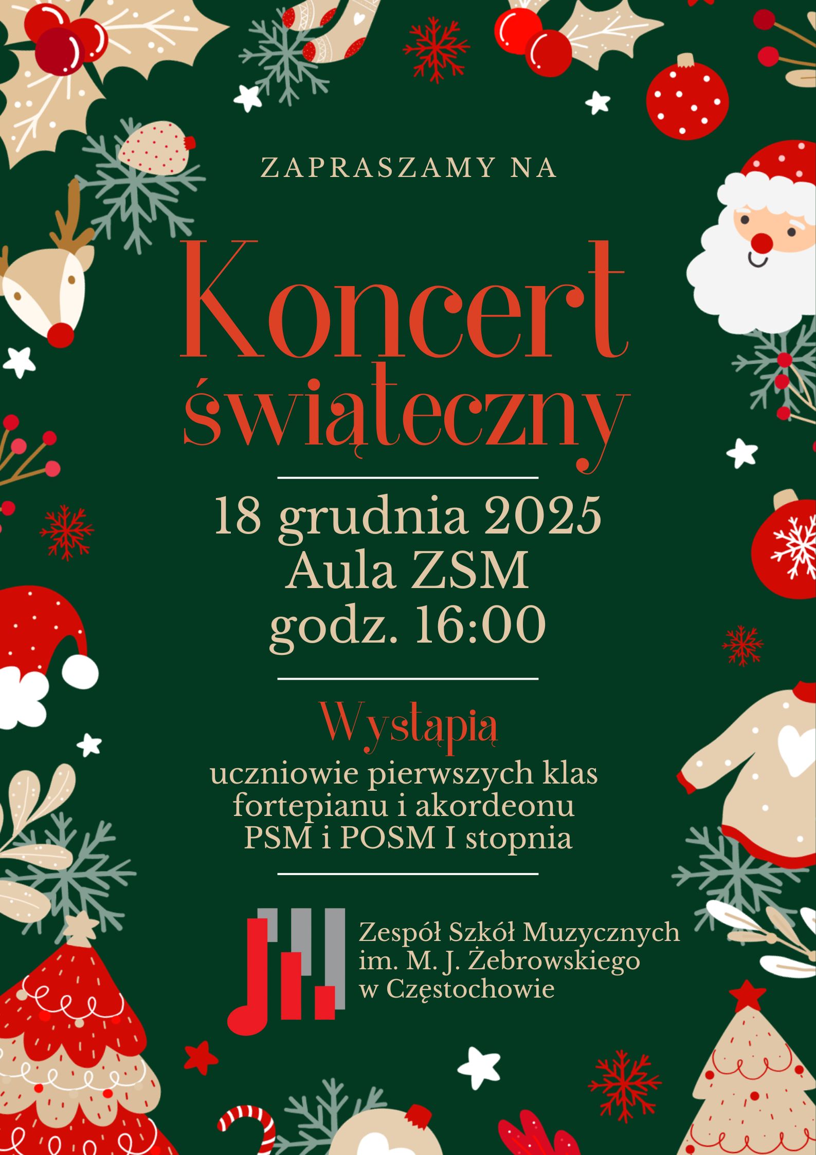 Ciemno zielony kolor, grafika świąteczna, tekst dotyczący koncertu świątecznego 18 grudnia 2025 r. 