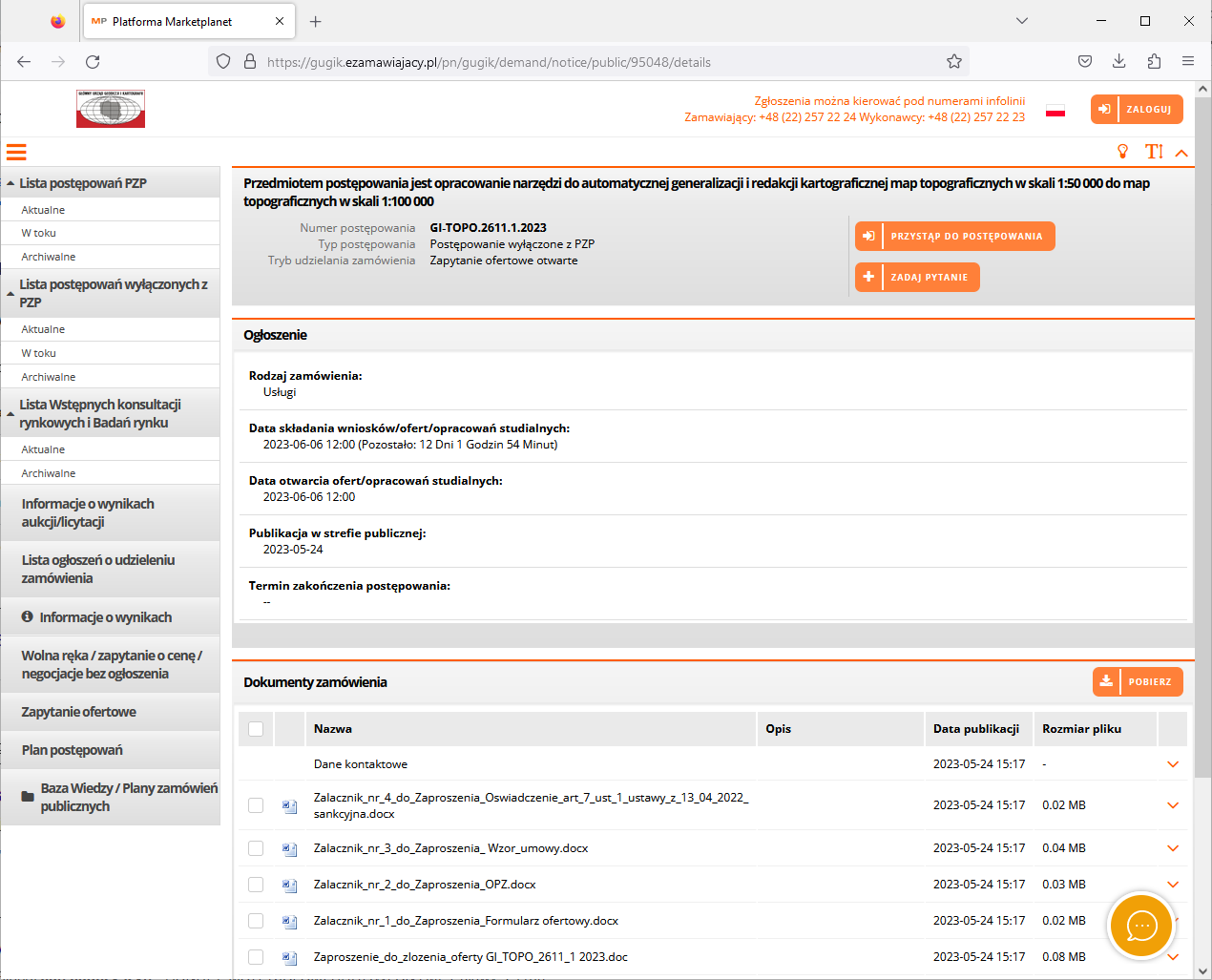 ilustacja przedstawia zrzut ekranu z platformy e-zamawiający przedmiotem postepowania na opracowanie narzędzi do automatycznej generalizacji i redakcji kartograficznej map topograficznych w skali 1:50 000 do map topograficznych w skali 1:100 000.