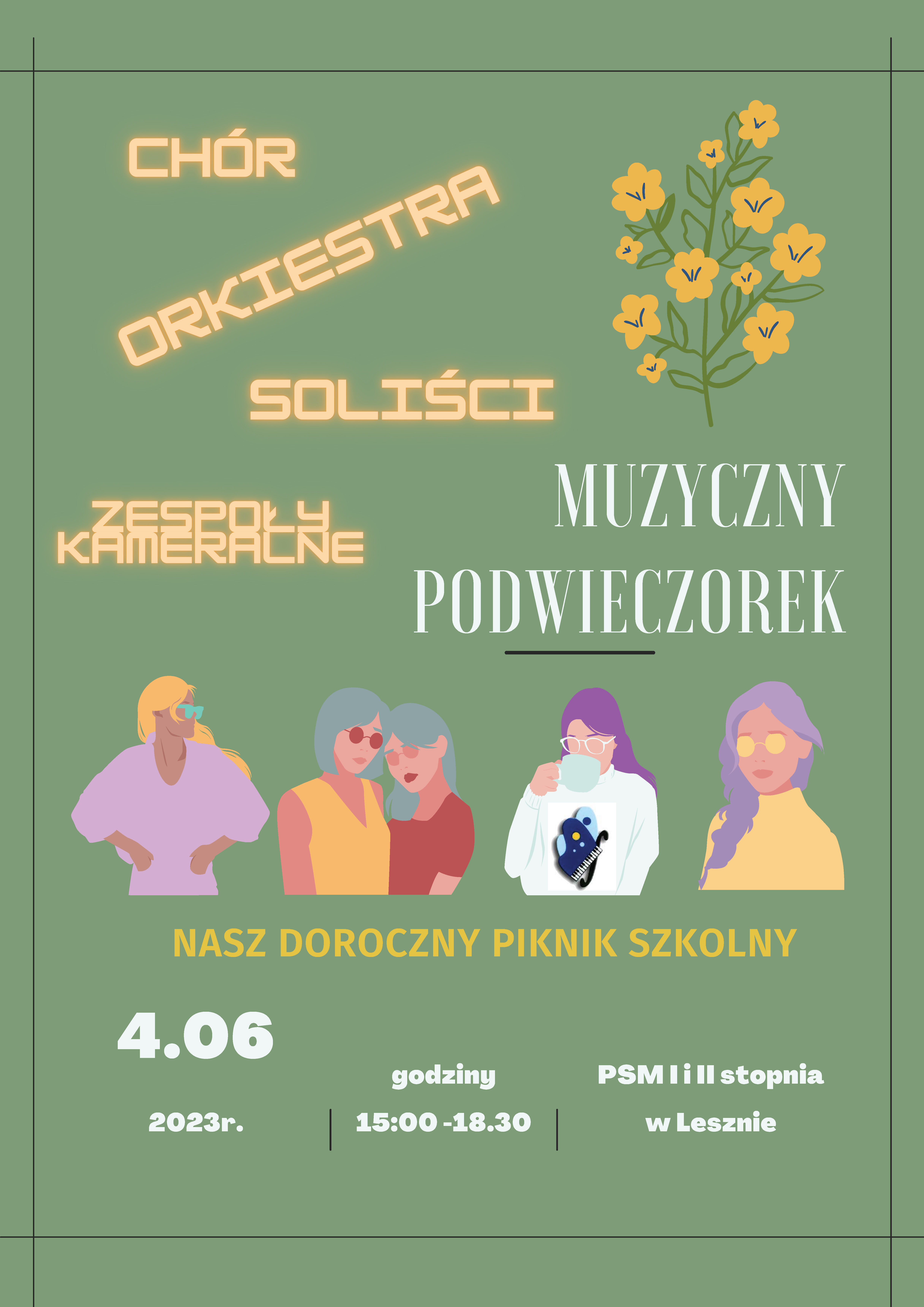 Plakat szkolnego pikniku Muzyczny podwieczorek