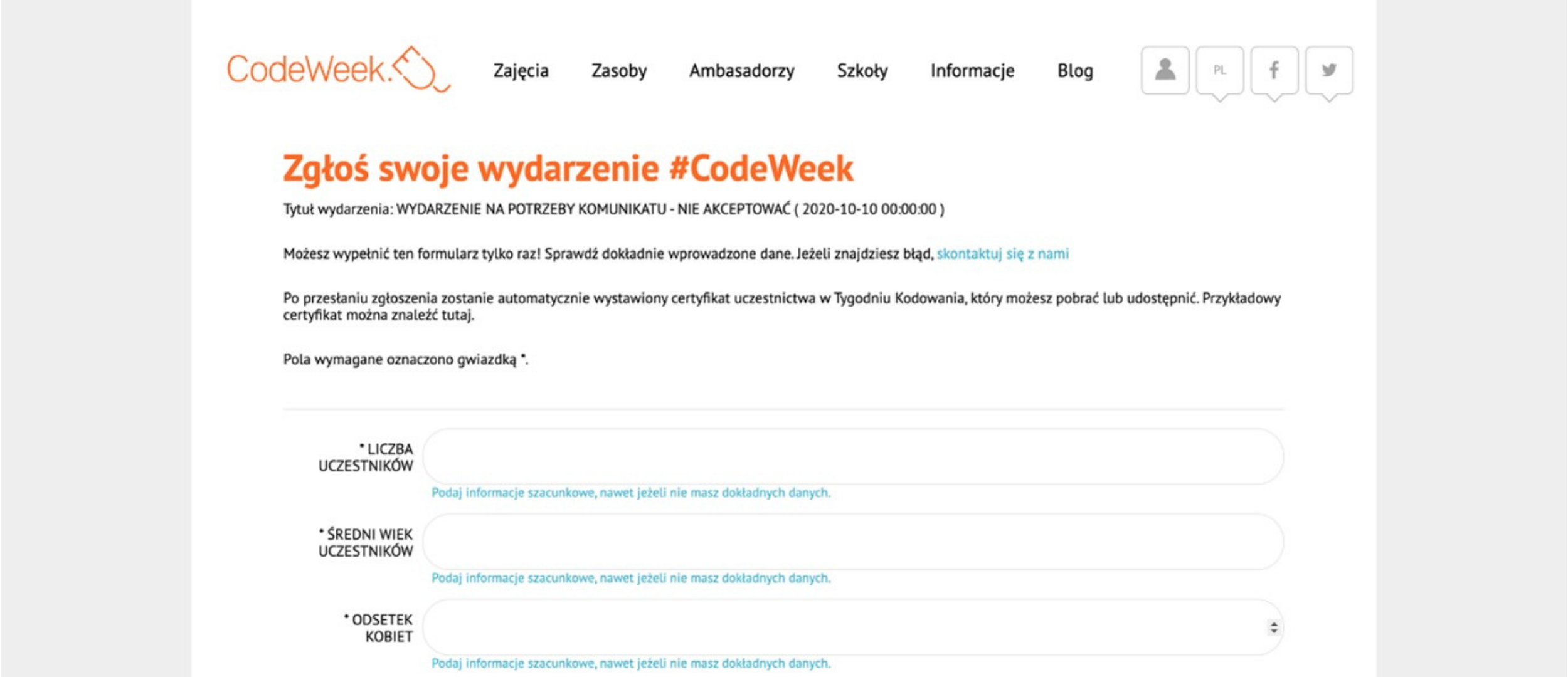 Grafika przedstawia stronę codeweek.eu po kliknięciu przycisku ““Zgłoś wydarzenie i odbierz certyfikat”. Na ekranie znajduje się formularz z tytułem “Zgłoś swoje wydarzenie #CodeWeek2020”. 