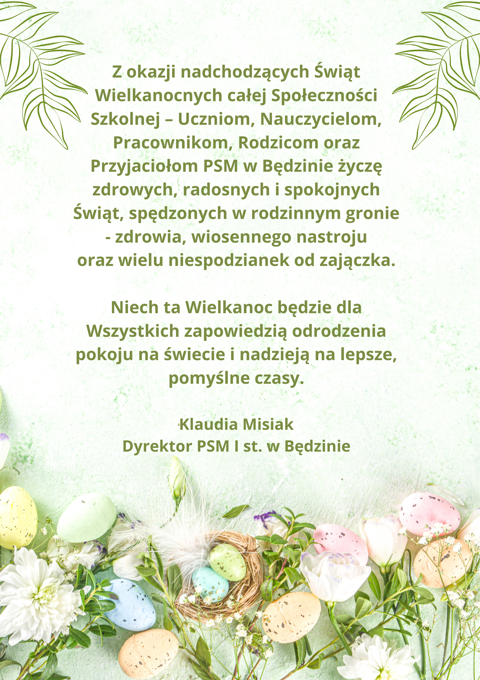 życzenia świąteczne plakat na zielonym jasnym tle, na dole jajka wielkanocne 