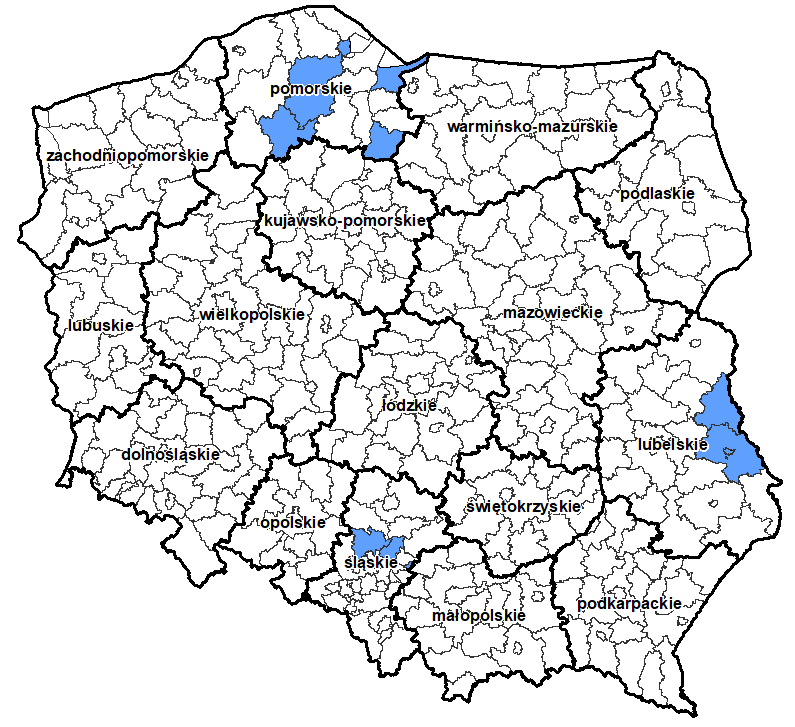 Ilustracja przedstawia powiaty, dla których podpisane zostały umowy na aktualizację zbiorów danych BDOT10k.