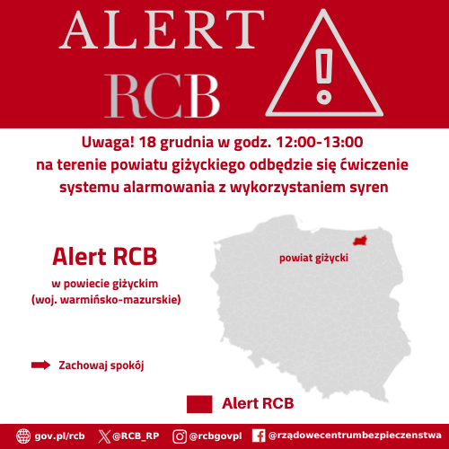Alert RCB o treści: "Uwaga! 18 grudnia w godz. 12:00-13:00 na terenie powiatu giżyckiego odbędzie się ćwiczenie systemu alarmowania z wykorzystaniem syren. Zachowaj spokój!". Alert wysłany do odbiorców na terenie powiatu giżyckiego.