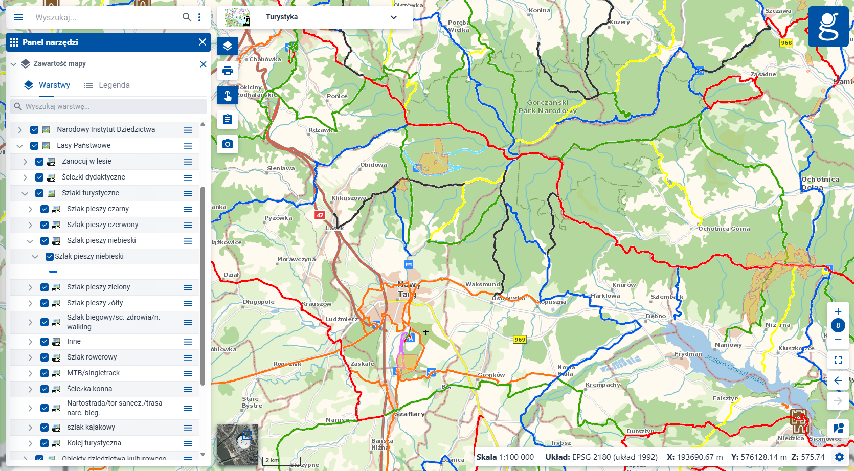 zrzut ekranu prezentujący moduł "Turystyka" w serwisie www.geoportal.gov.pl