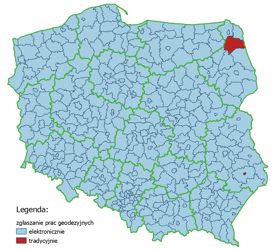 Ilustracja przedstawia Polskę z wyróżnionym powiatem augustowskim i m. Zamość, które nie posiadaja mozliwości elektronicznego zgłaszania prac geodezyjnych