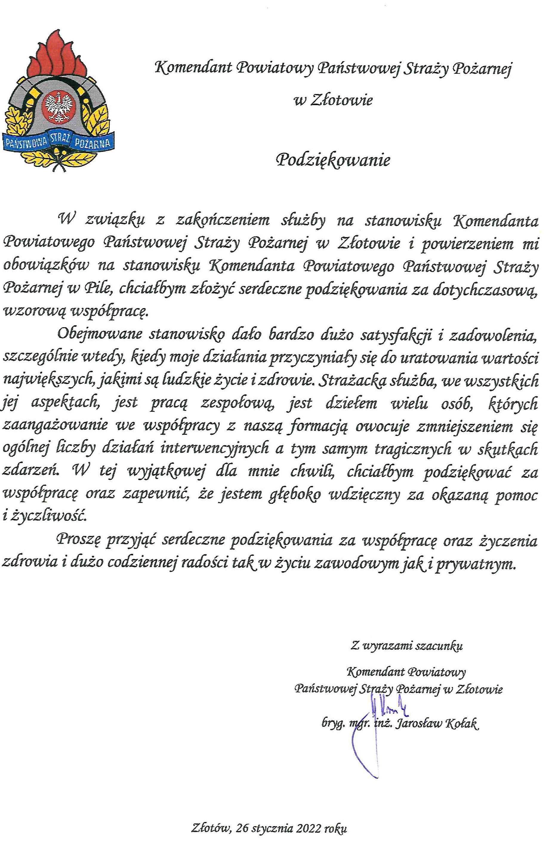 Podziękowanie za pełnioną służbę w KP PSP Złotów 