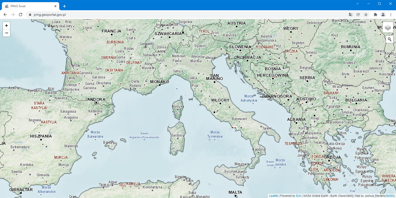 ilustracja przedstawiająca zrzut ekranu z bazy PRNG świat z wybranymi nazwami geograficznymi na podkładzie kompozycji mapowiej przedstawiającej ukształtowanie terenu i granice państw (NASA Visible Earth)
