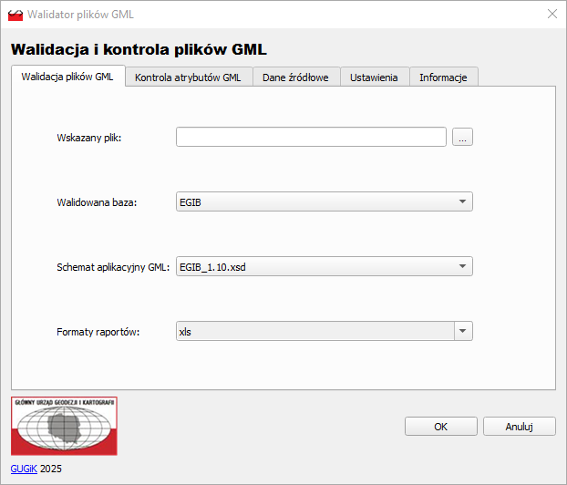 Ilustracja przedstawia zrzut okna wtyczki Walidator plików GML w oprogramowaniu QGIS - zakładki Walidacja plików GML