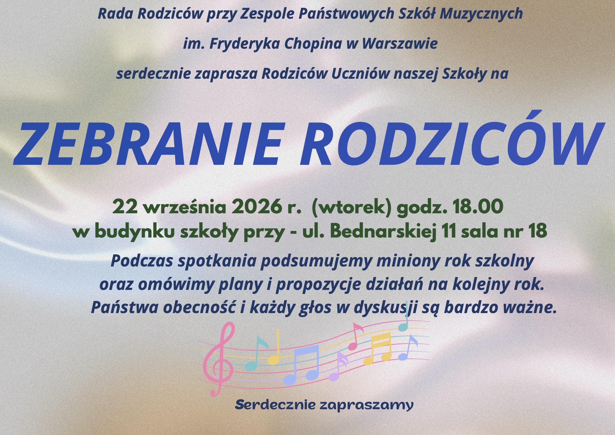 Afisz - Zebranie Rady Rodziców - 22.09.2026, godz 18.00, Bednarska 11