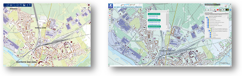 Ilustracja przedstawia zaktualizowany zbiór danych BDOT10k dla fragmentu powiatu gorzowskiego w Portalu BDOT10k oraz w usłudze Baza Danych Obiektów Topograficznych.