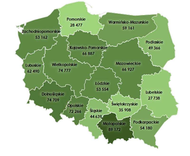 Rys. 4. Średnie ceny sprzedaży gruntów rolnych z Zasobu WRSP w I półroczu 2025 r. wg województw (w zł/ha) – średnia ogólnopolska – 61 165 zł/ha