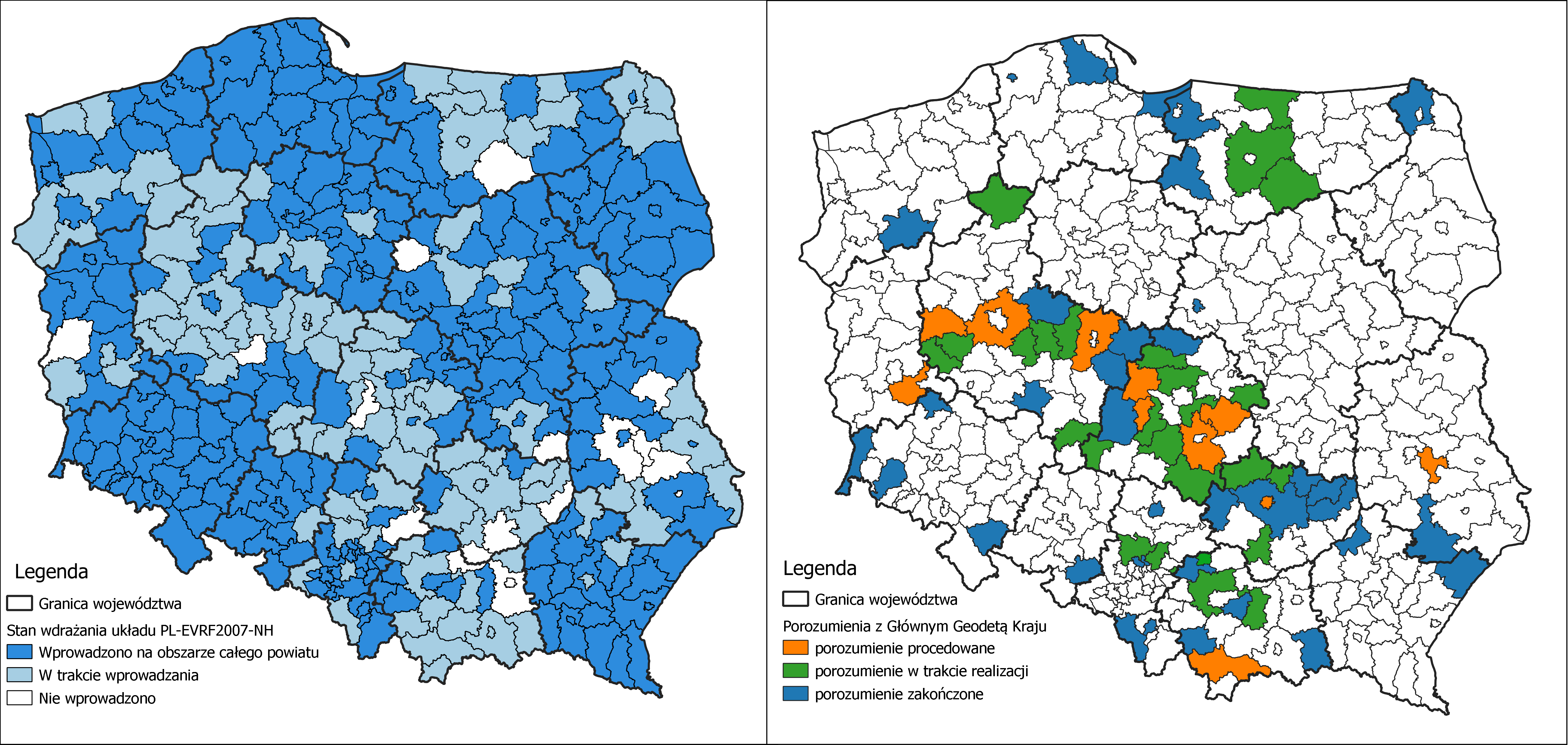 Ilustracja przedstawia zetawione obok siebie 2 mapy Polski z oznaczonymi kolorystycznie: stanem wdrażania układu PL-EVRF2007-NH w powiatach po lewej stronie i powiatami, z którymi zawarte zostało porozumienie po prawej stronie.