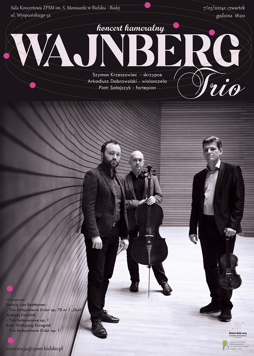 czarnobiały plakat na środku muzycy zespołu Wajnberg Trio