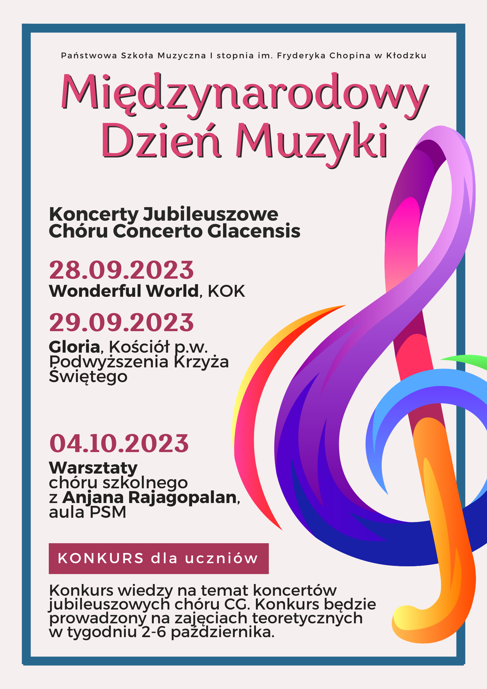 Plakat na białym tle z grafiką nuty po prawej stronie oraz szczegółową informacją tekstową dotyczącą obchodów Międzynarodowego Dnia Muzyki w PSM I st. w Kłodzku